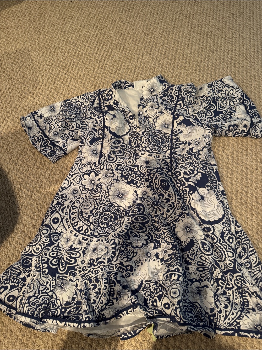 Navy and White Floral Paisley Casual A-Line Dress